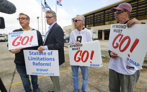 People stand holding signs advocating for statute of limitations reforms